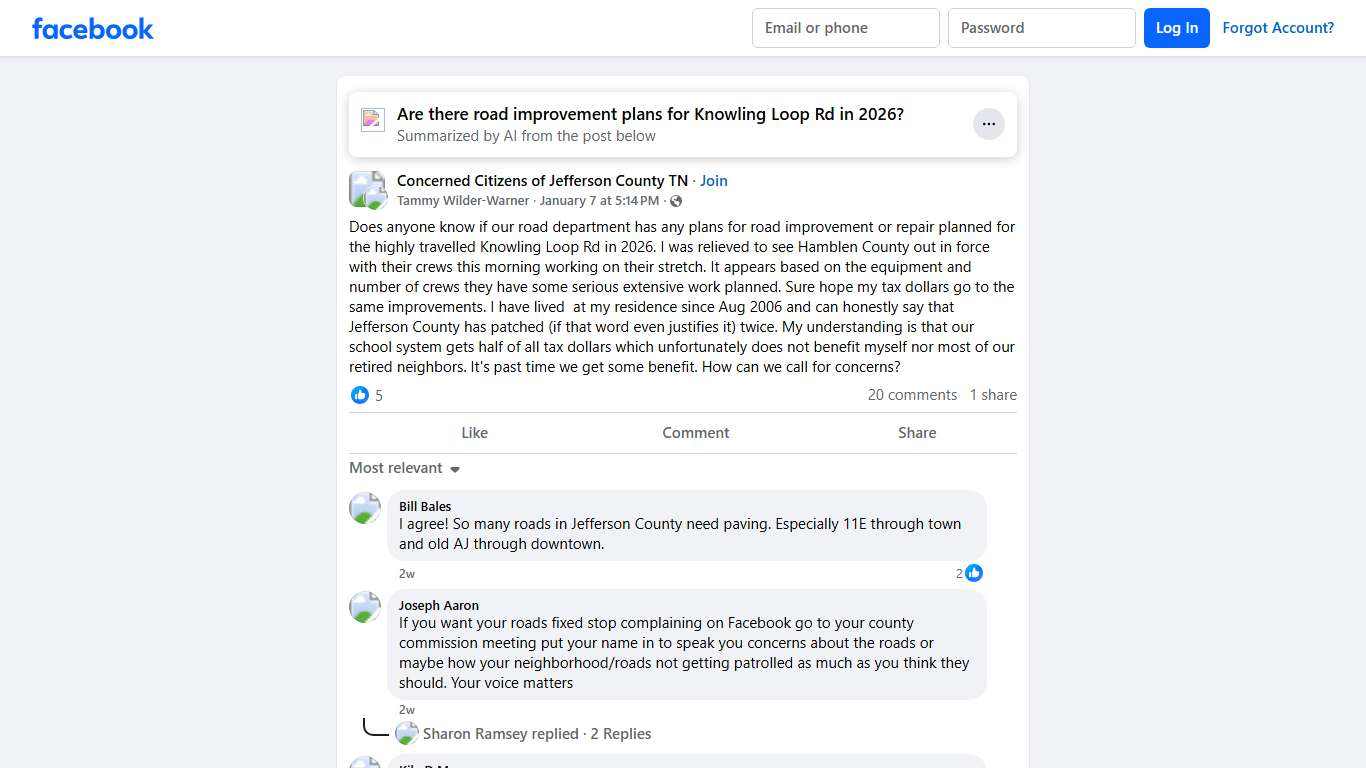 Concerned Citizens of Jefferson County TN Does anyone know if our road department has any plans for road improvement or repair planned for the highly travelled Knowling Loop Rd in 2026 Facebook